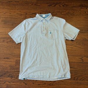 Johnnie O Hanging Out Blue and White Striped Button Up Short Sleeve Polo